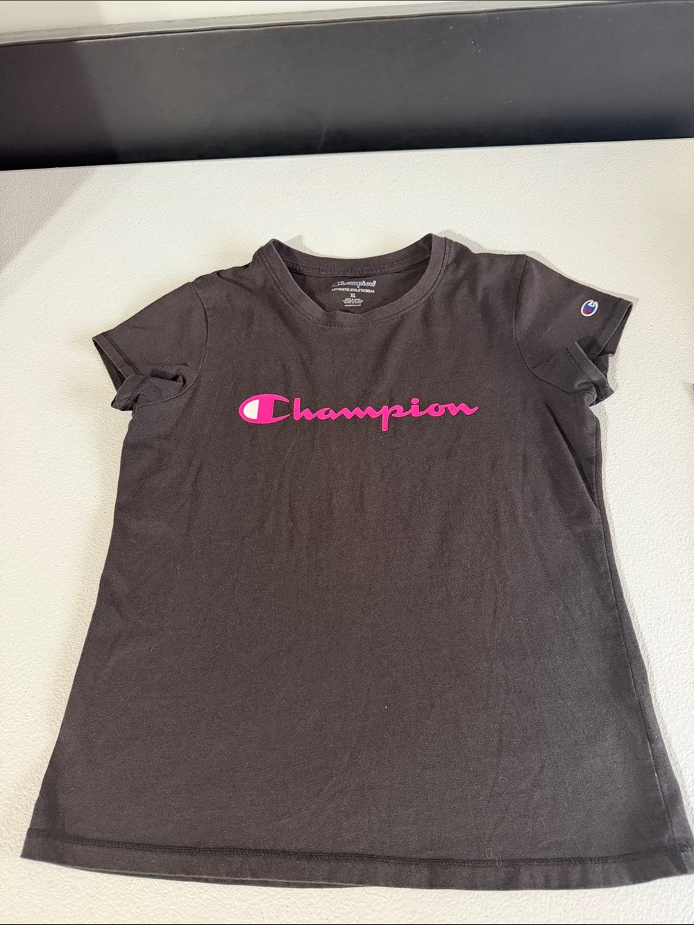GIRLS Champion Black Short Sleeve Tee with Pink Script Logo